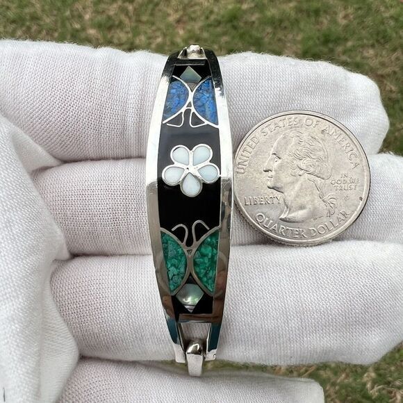 Vintage Alpaca Mexico Women's Bracelet Abalone‎ Shell Floral Silver Tone Signed - Picture 3 of 16